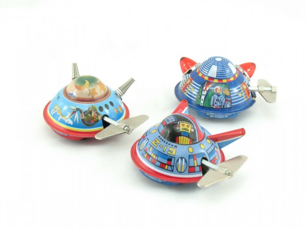 Blechspielzeug - Raumschiff/Ufo, Space Surveyor X-12, 3er Set mit Uhrwerk