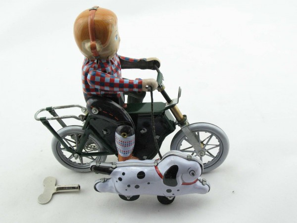 Blechspielzeug - Junge auf Fahrrad mit Hund